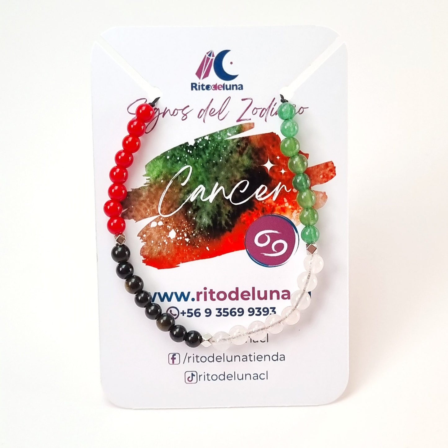 Pulsera del Zodiaco Cáncer: Jaspe Verde, Cuarzo Rosa, Obsidiana y Coral