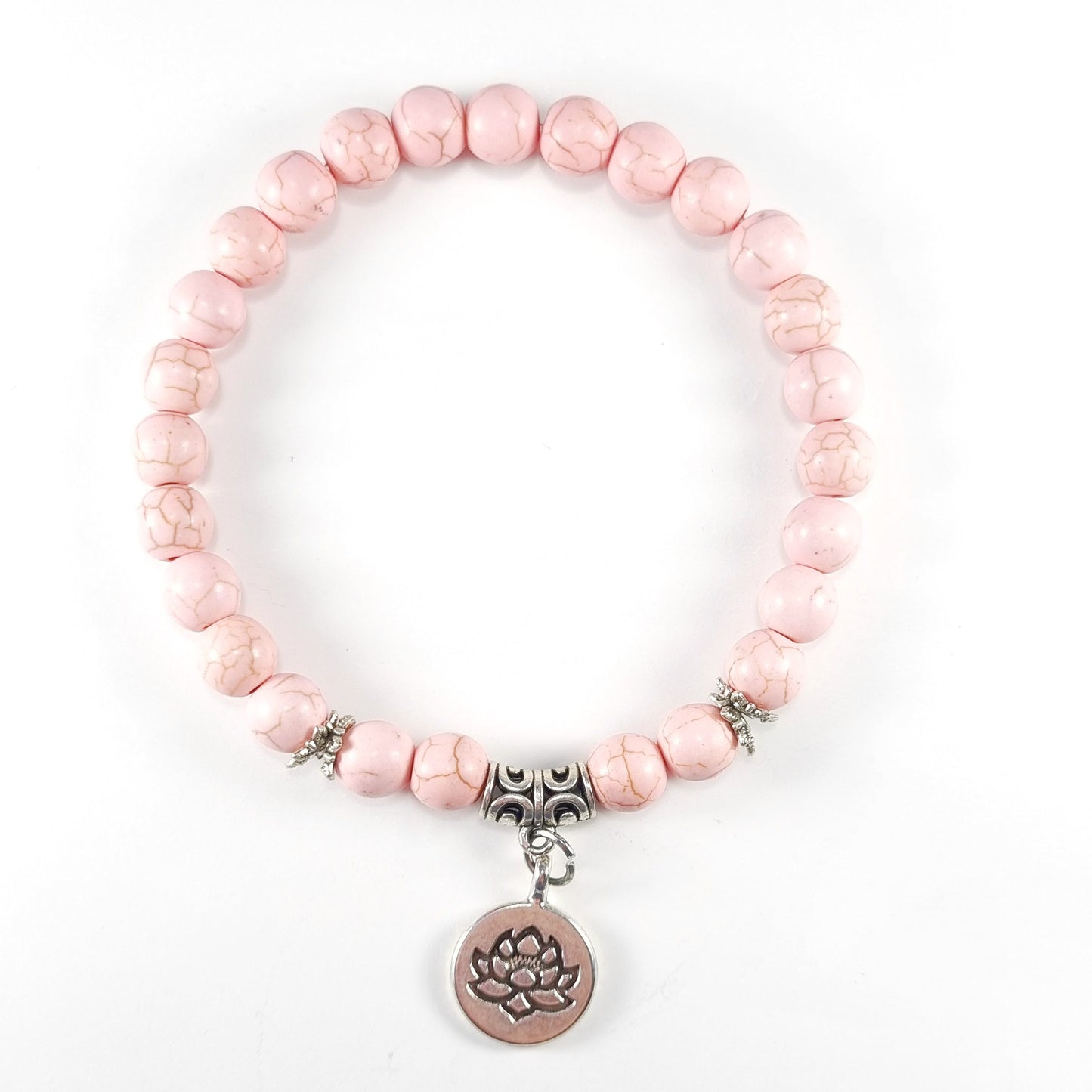 Pulsera piedra natural howlita rosa con dije de loto