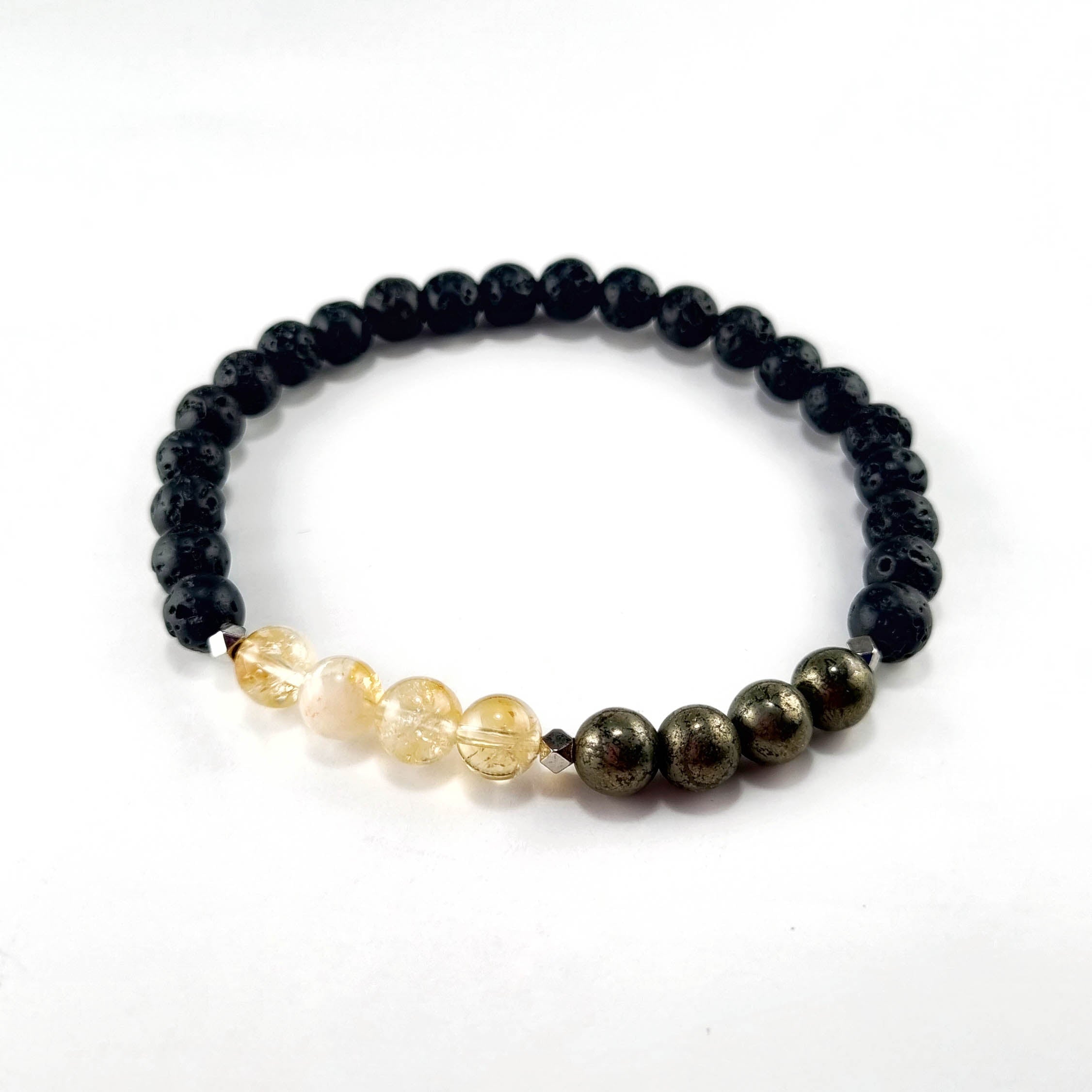 Pulsera Abundancia y Acción · Citrino, Pirita & Piedra Volcánica