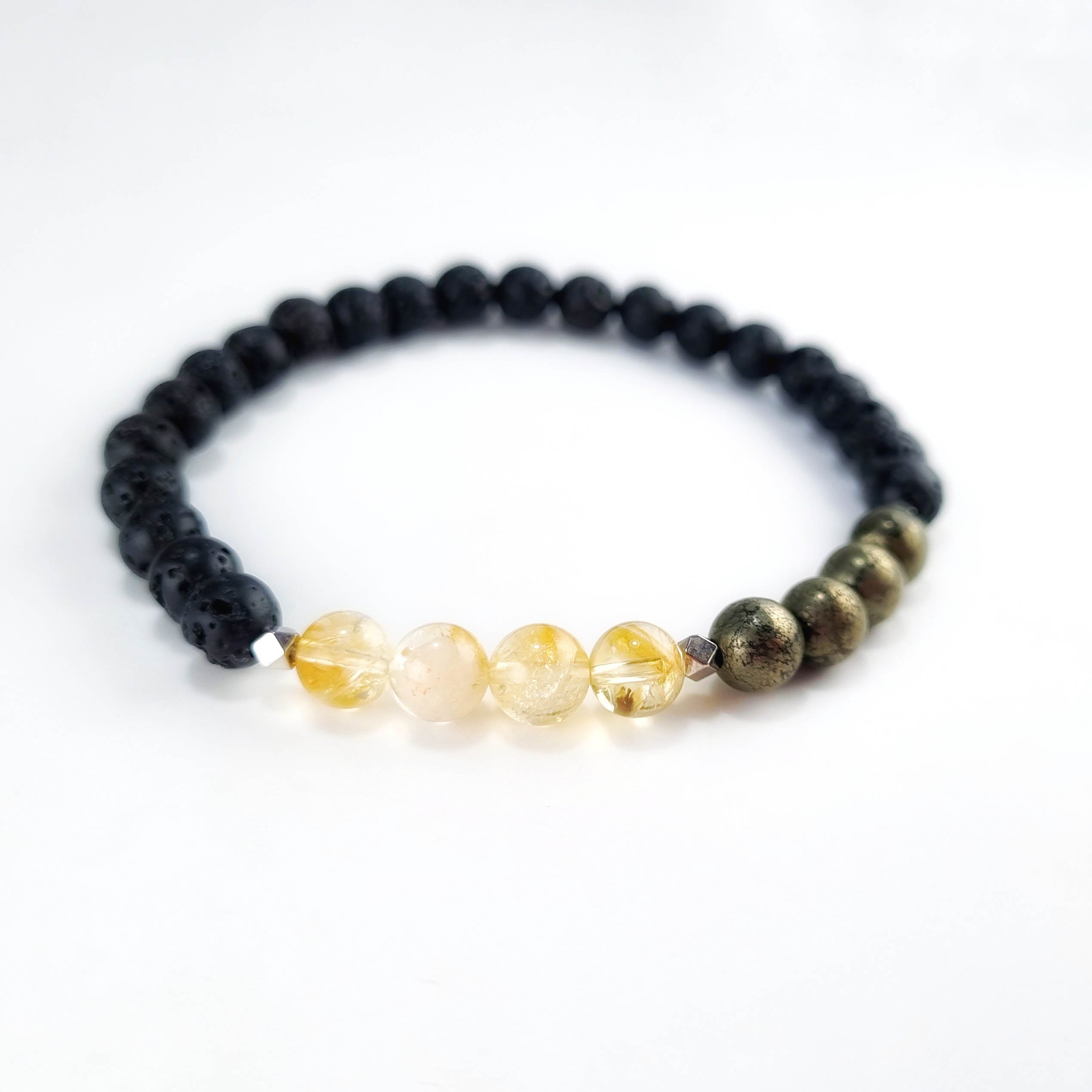 Pulsera Abundancia y Acción · Citrino, Pirita & Piedra Volcánica