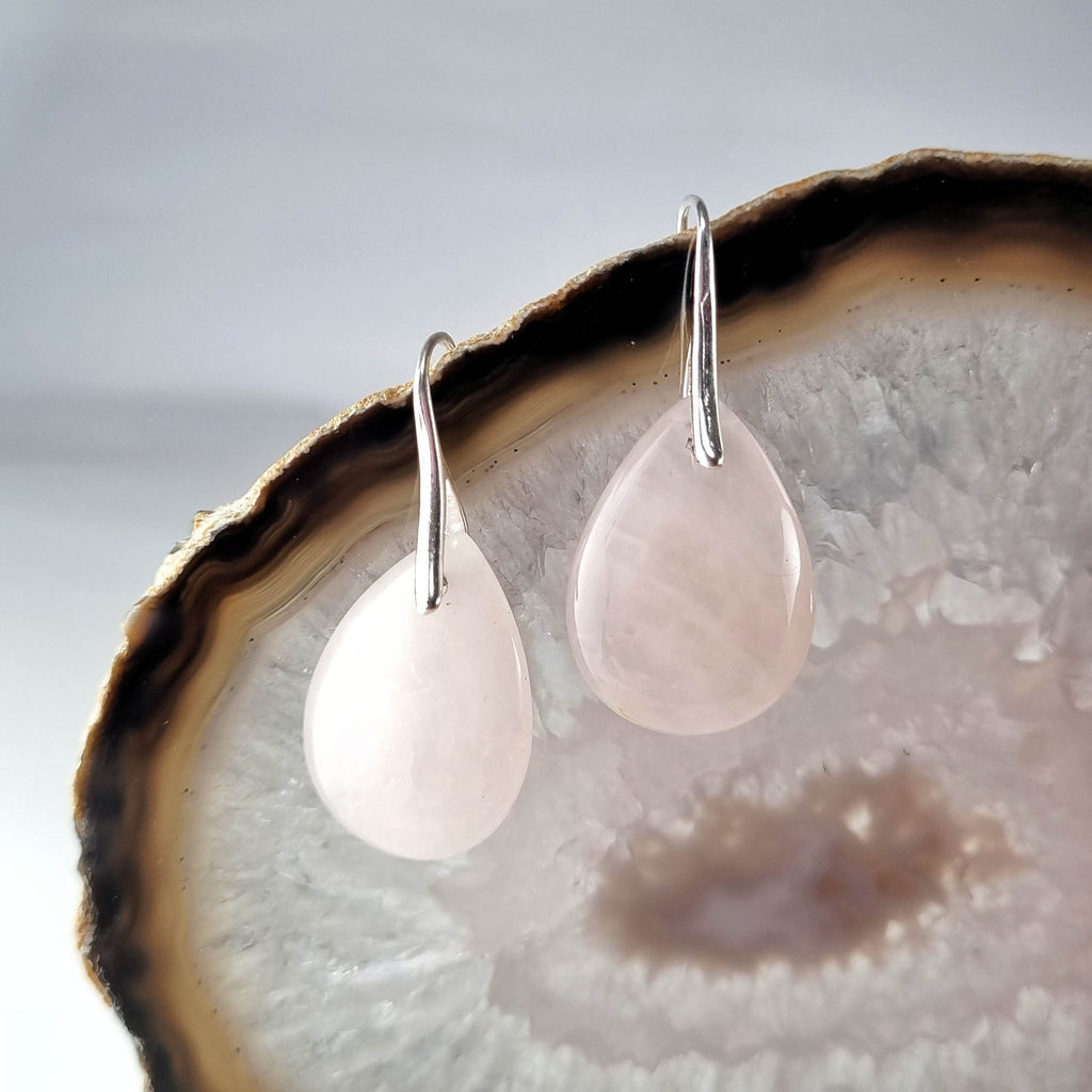 Aros Gotas de Cuarzo Rosa Premium · Plata