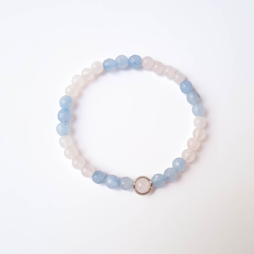 Pulsera Emperatriz · Cuarzo Rosa, Ágatas Celestes & Dije de Plata