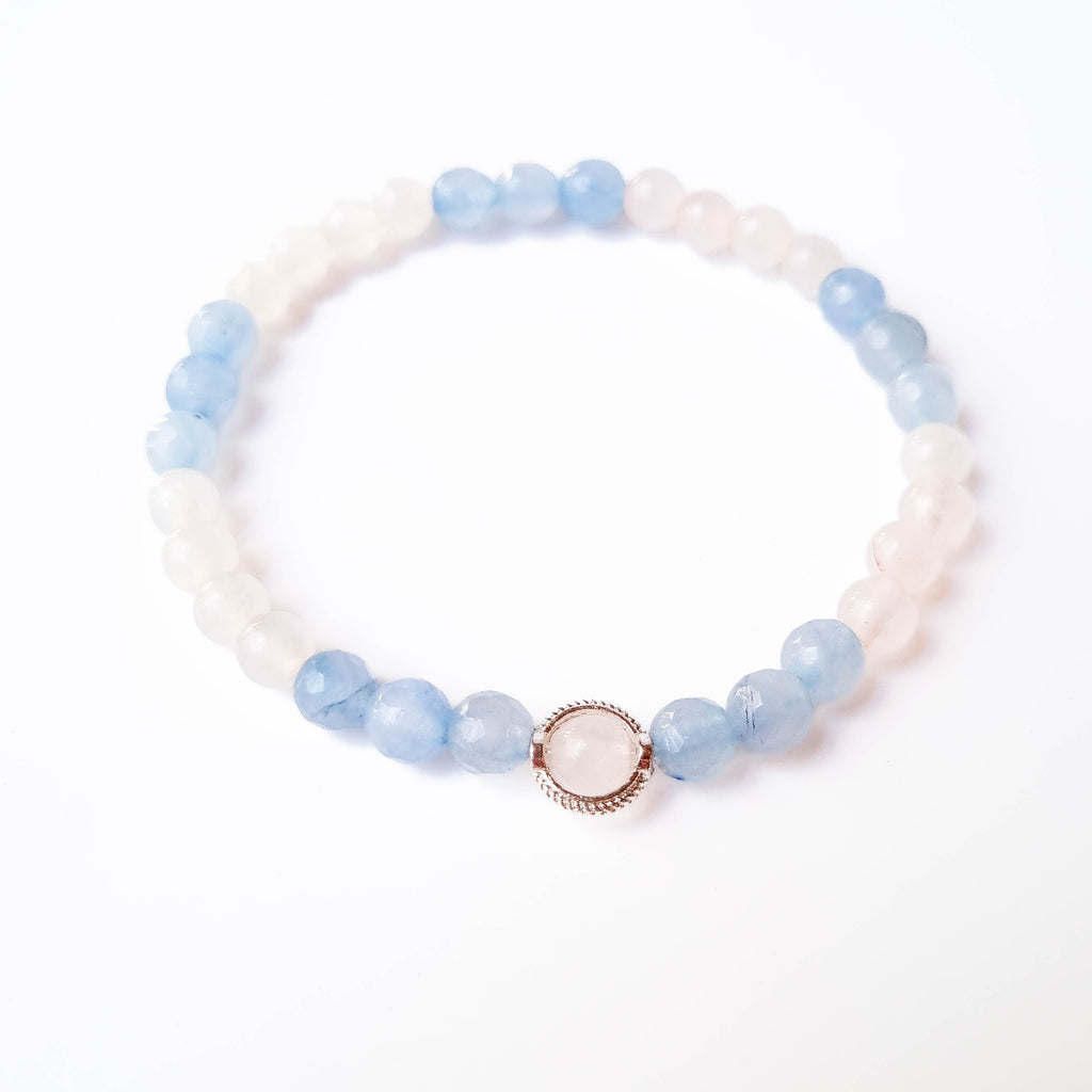 Pulsera Emperatriz · Cuarzo Rosa, Ágatas Celestes & Dije de Plata