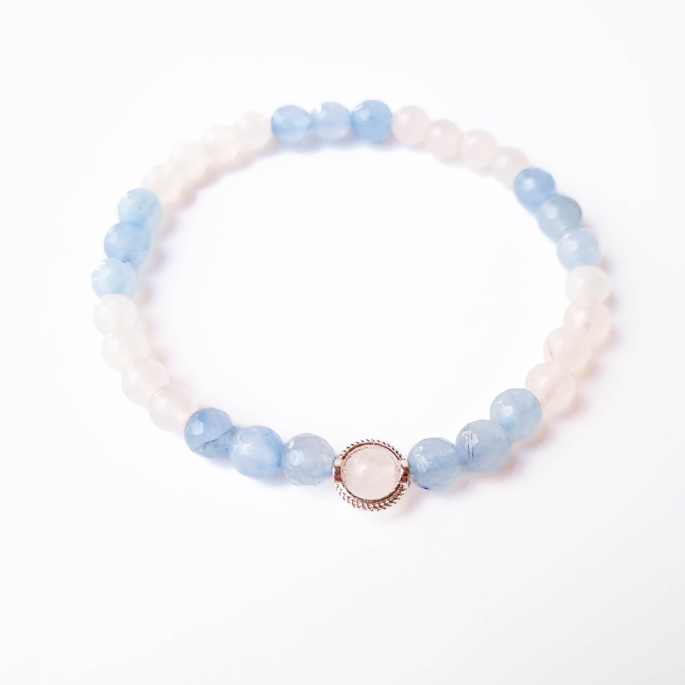 Pulsera Emperatriz · Cuarzo Rosa, Ágatas Celestes & Dije de Plata